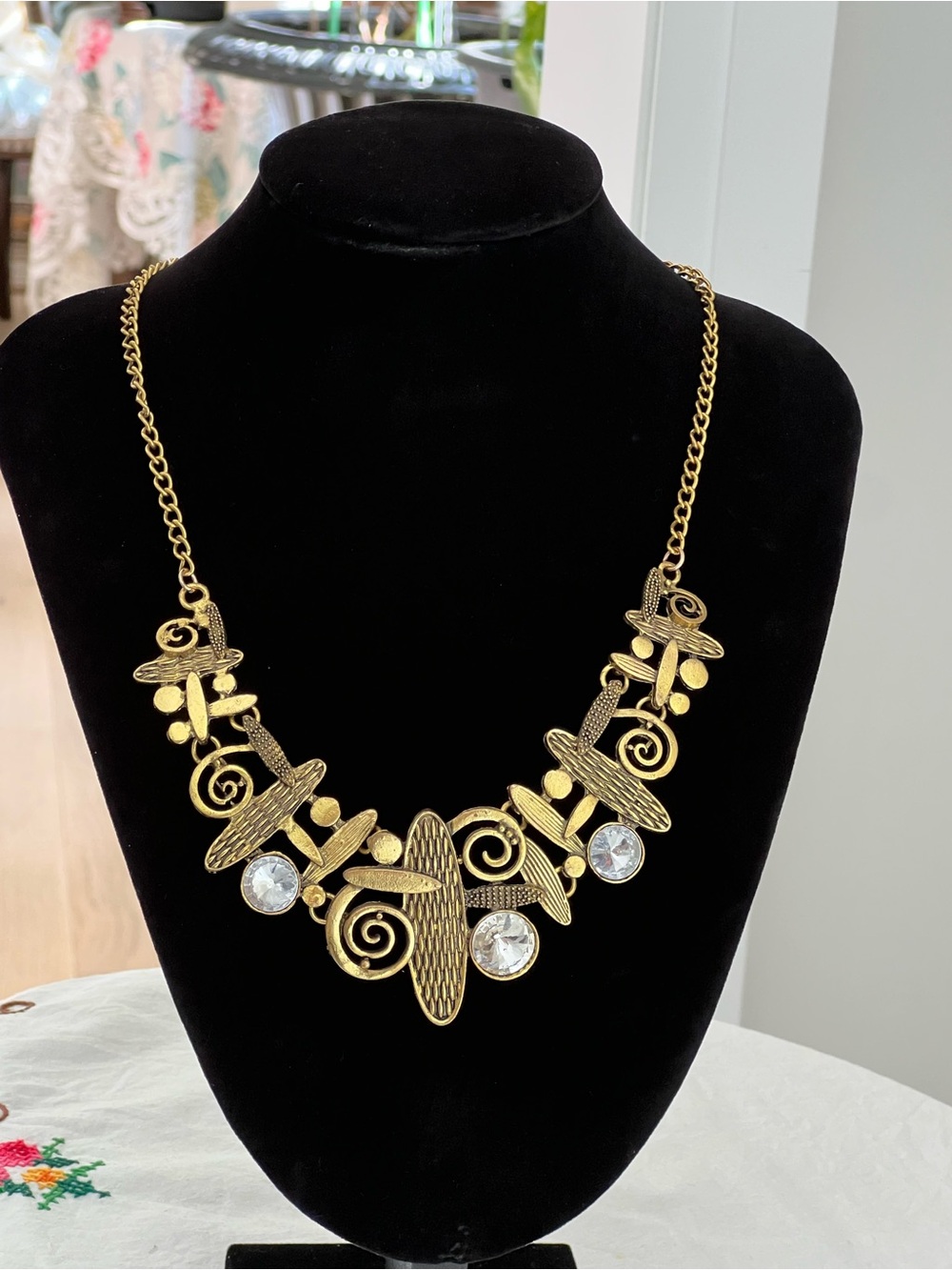Boho Statement Necklace Antiqued Gold Tone with Crystal Accents